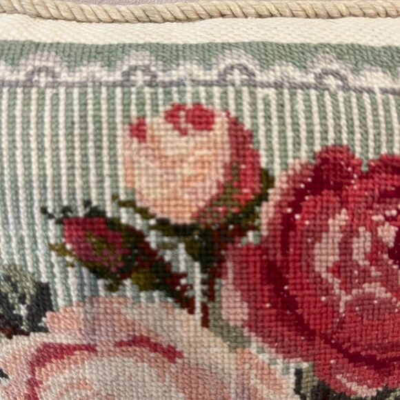 Handmade Petite Point X-Stitch Pillow Roses Pink Green Square Elizabeth Bradley - Picture 5 of 6